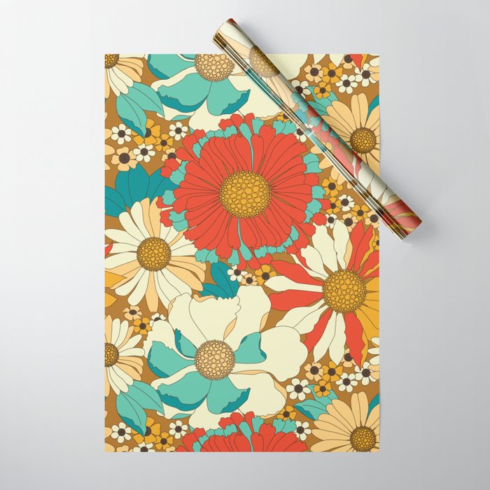 Red, Orange, Turquoise and Brown Retro Floral Pattern Wrapping Paper Gallery Image 1