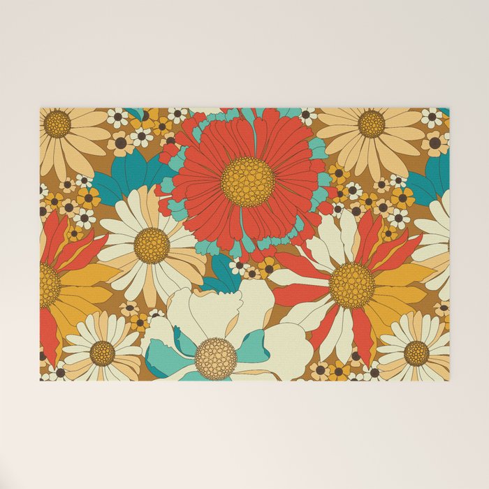Red, Orange, Turquoise and Brown Retro Floral Pattern Welcome Mat Gallery Image 1