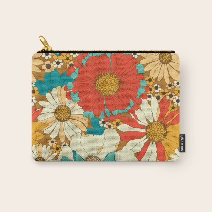 Red, Orange, Turquoise and Brown Retro Floral Pattern Carry All Pouch Gallery Image 1