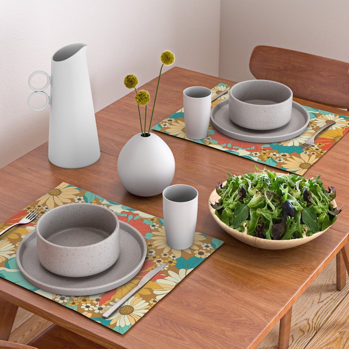 Red, Orange, Turquoise and Brown Retro Floral Pattern Placemat Gallery Image 2