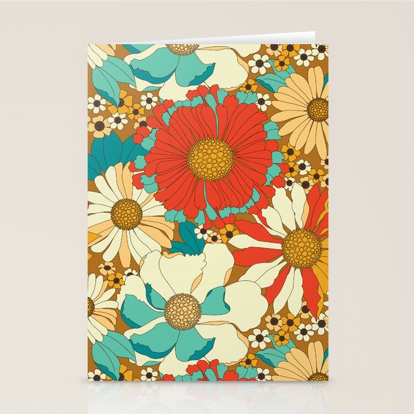Red, Orange, Turquoise and Brown Retro Floral Pattern Stationery Card Gallery Image 2