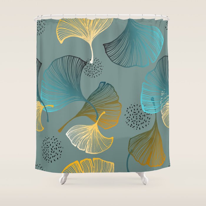 Luxury gold Ginkgo on blue background illustration pattern. Shower Curtain Gallery Image 1
