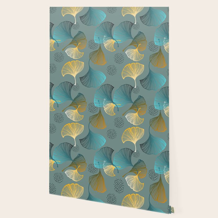 Luxury gold Ginkgo on blue background illustration pattern. Wallpaper Gallery Image 2