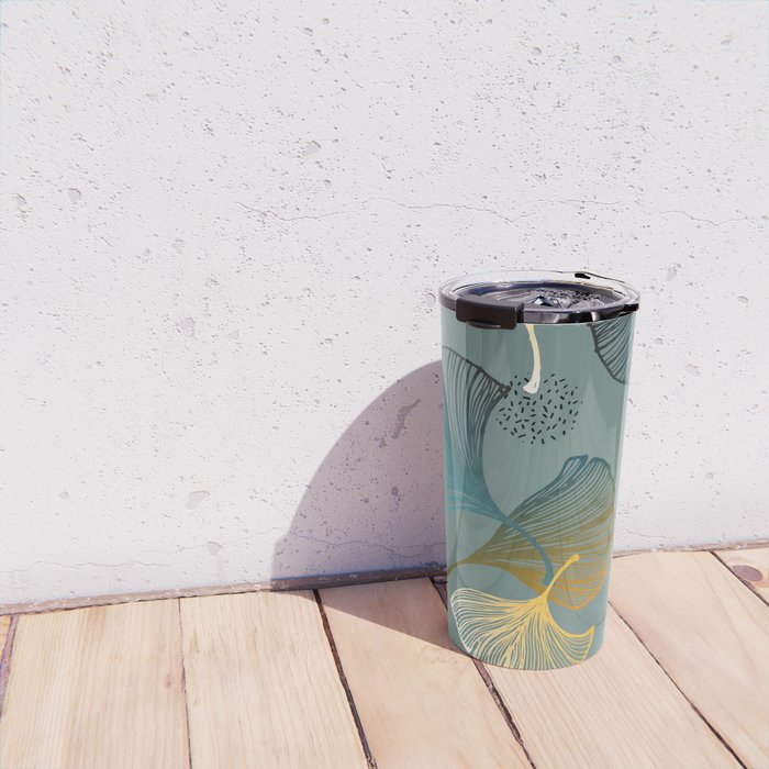 Luxury gold Ginkgo on blue background illustration pattern. Travel Mug Gallery Image 4