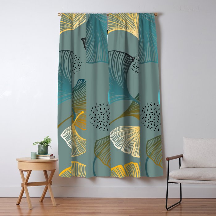 Luxury gold Ginkgo on blue background illustration pattern. Window Curtain Gallery Image 5