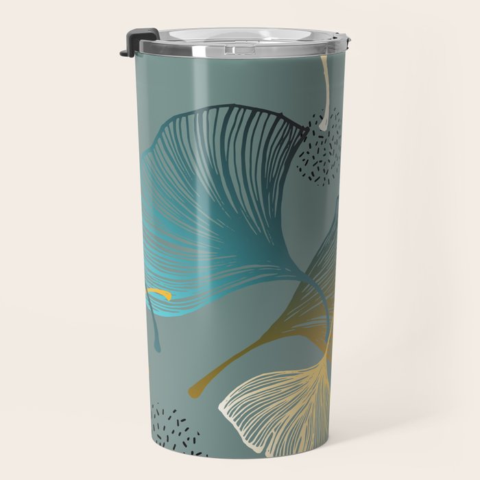 Luxury gold Ginkgo on blue background illustration pattern. Travel Mug Gallery Image 3