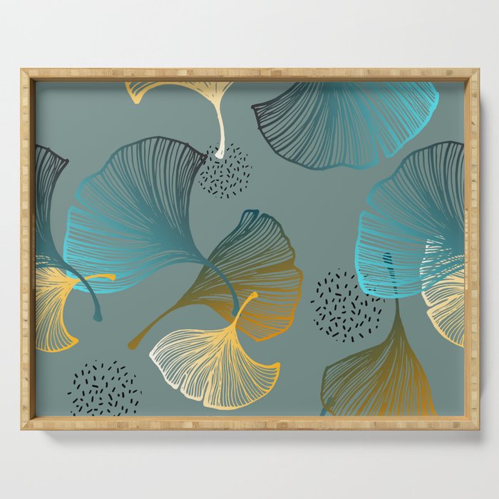 Luxury gold Ginkgo on blue background illustration pattern. Serving Tray Gallery Image 1