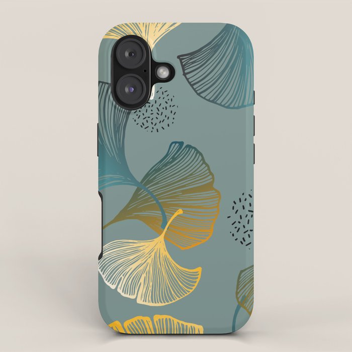 Luxury gold Ginkgo on blue background illustration pattern. iPhone Case Gallery Image 1