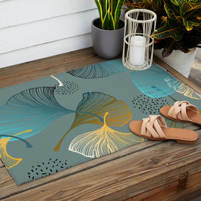 Luxury gold Ginkgo on blue background illustration pattern. Outdoor Rug Gallery Image 2