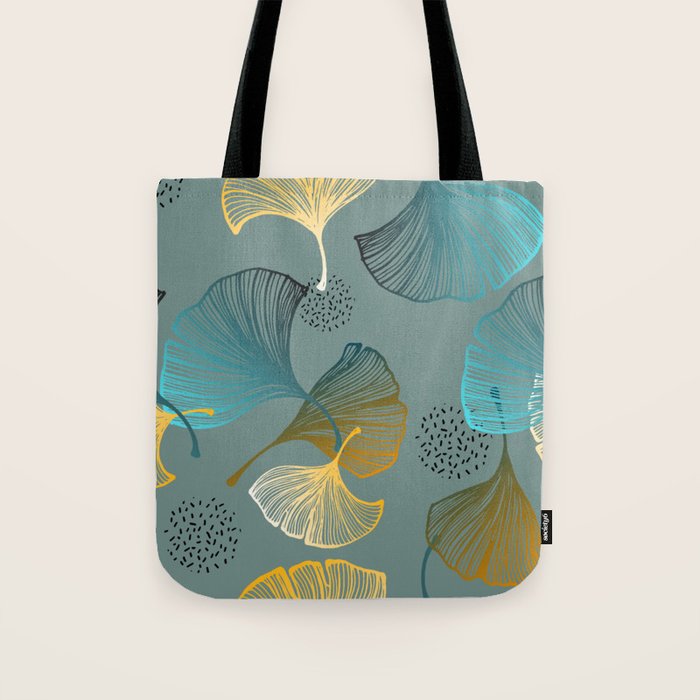 Luxury gold Ginkgo on blue background illustration pattern. Tote Bag Gallery Image 1