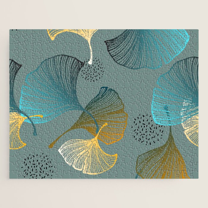Luxury gold Ginkgo on blue background illustration pattern. Jigsaw Puzzle Gallery Image 1