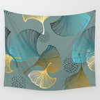 Luxury gold Ginkgo on blue background illustration pattern. Wall Tapestry Gallery Image 4
