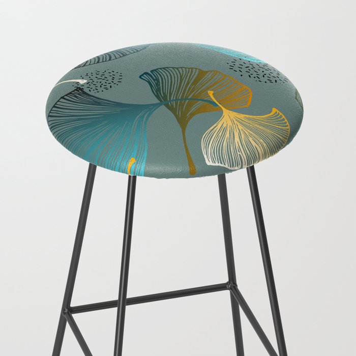 Luxury gold Ginkgo on blue background illustration pattern. Stool Gallery Image 2
