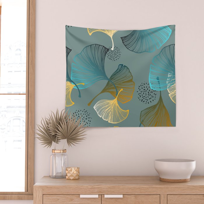 Luxury gold Ginkgo on blue background illustration pattern. Wall Tapestry Gallery Image 2
