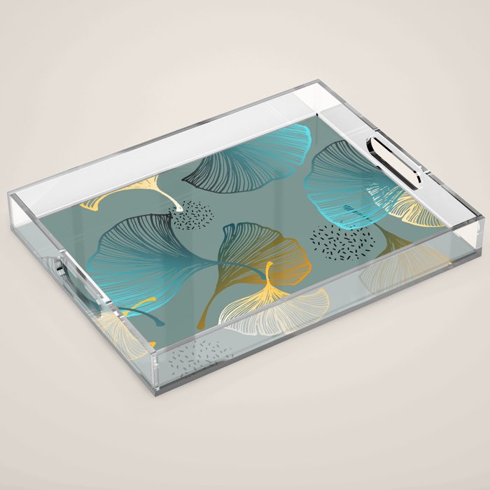 Luxury gold Ginkgo on blue background illustration pattern. Acrylic Tray Gallery Image 1