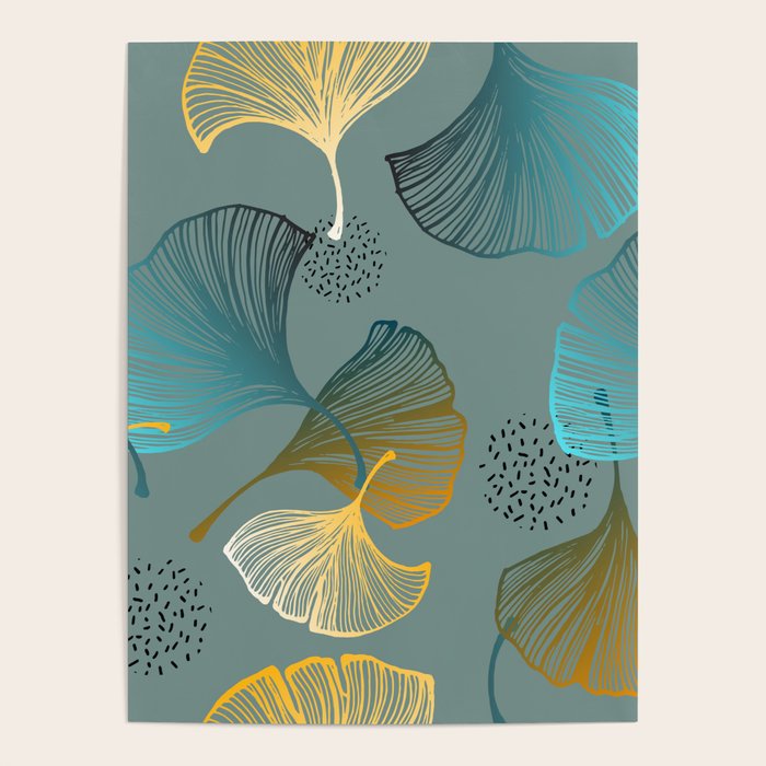 Luxury gold Ginkgo on blue background illustration pattern. Poster Gallery Image 4