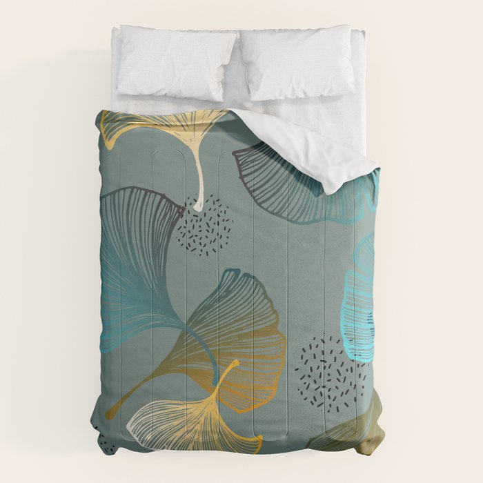 Luxury gold Ginkgo on blue background illustration pattern. Comforter Gallery Image 6