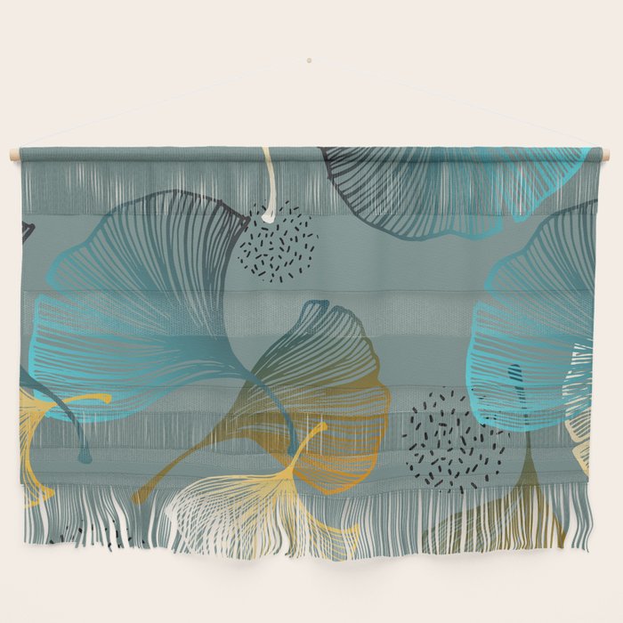 Luxury gold Ginkgo on blue background illustration pattern. Wall Hanging Gallery Image 1