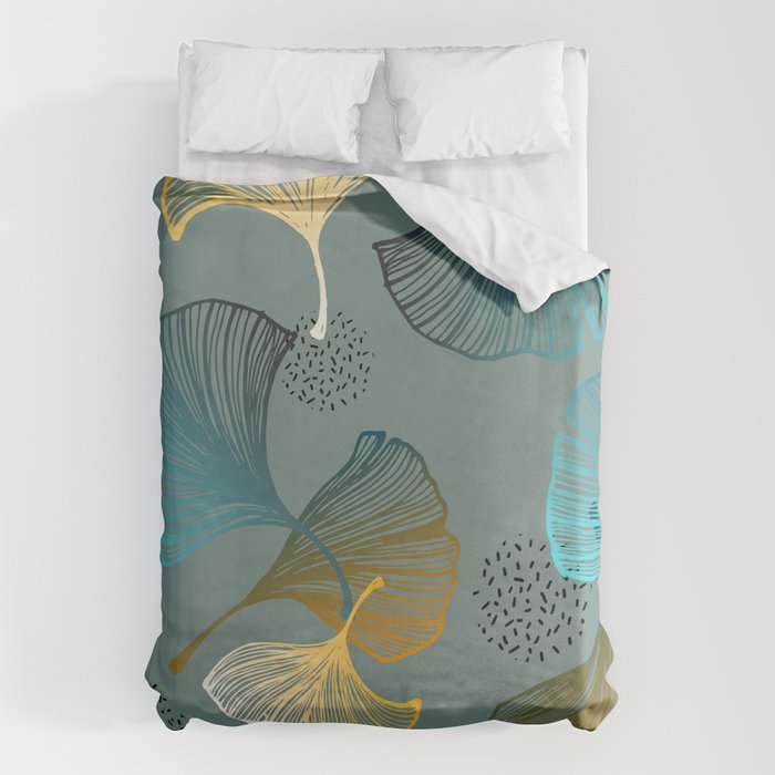 Luxury gold Ginkgo on blue background illustration pattern. Duvet Cover Gallery Image 6