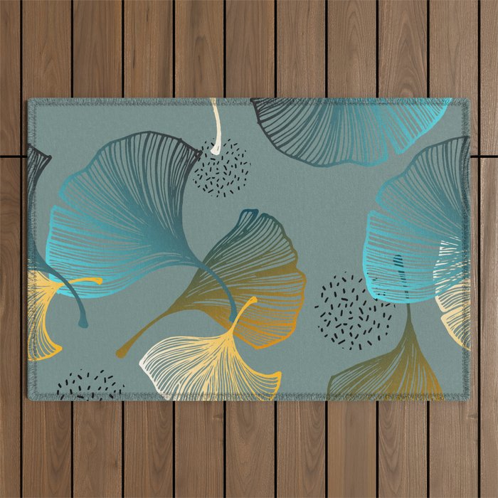 Luxury gold Ginkgo on blue background illustration pattern. Outdoor Rug Gallery Image 1