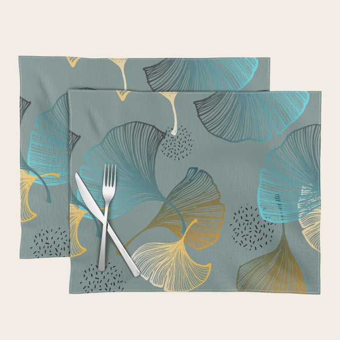 Luxury gold Ginkgo on blue background illustration pattern. Placemat Gallery Image 1