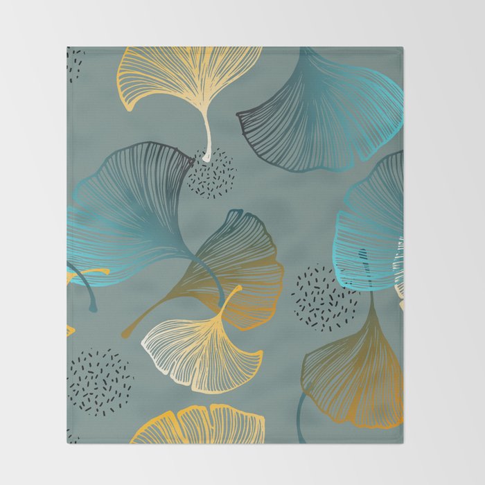 Luxury gold Ginkgo on blue background illustration pattern. Throw Blanket Gallery Image 2