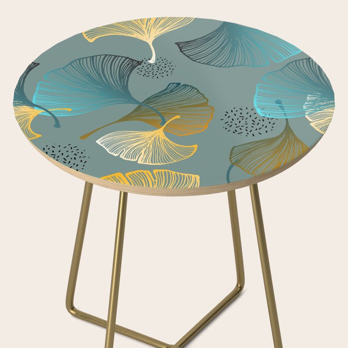 Luxury gold Ginkgo on blue background illustration pattern. Side Table Gallery Image 2