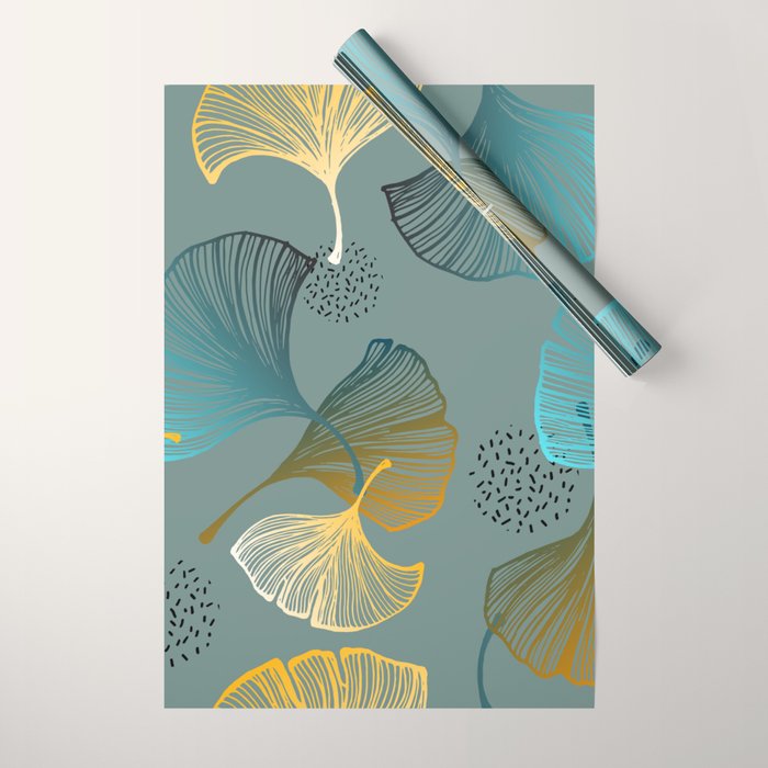 Luxury gold Ginkgo on blue background illustration pattern. Wrapping Paper Gallery Image 1