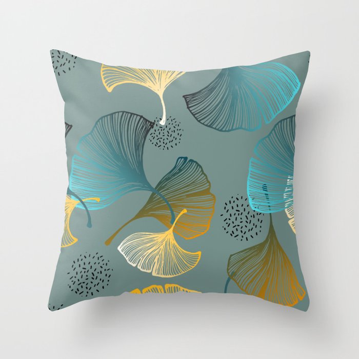 Luxury gold Ginkgo on blue background illustration pattern. Throw Pillow Gallery Image 1