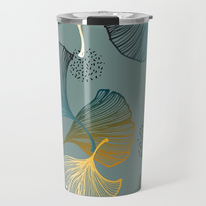 Luxury gold Ginkgo on blue background illustration pattern. Travel Mug Gallery Image 1