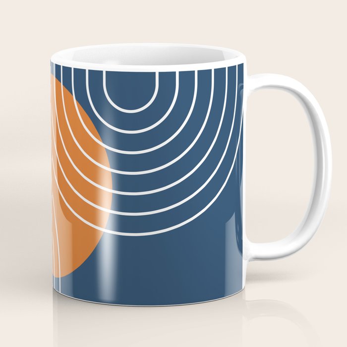 Mid Century Modern Geometric 133 in Navy Blue and vintage orange (Sun and Rainbow Abstract) Coffee Mug Gallery Image 1