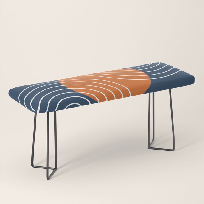 Mid Century Modern Geometric 133 in Navy Blue and vintage orange (Sun and Rainbow Abstract) Bench Gallery Image 1