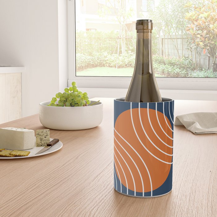 Mid Century Modern Geometric 133 in Navy Blue and vintage orange (Sun and Rainbow Abstract) Wine Chiller Gallery Image 4