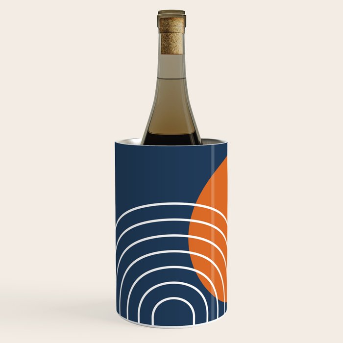 Mid Century Modern Geometric 133 in Navy Blue and vintage orange (Sun and Rainbow Abstract) Wine Chiller Gallery Image 2