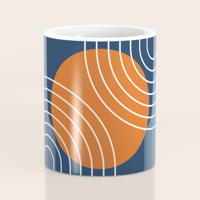 Mid Century Modern Geometric 133 in Navy Blue and vintage orange (Sun and Rainbow Abstract) Coffee Mug Gallery Image 4