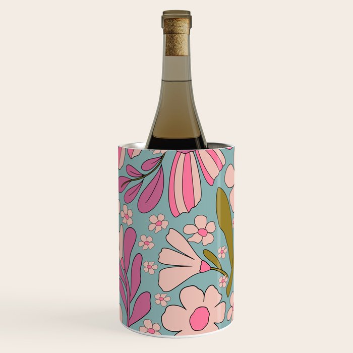 Retro Groovy - 70's Blue Floral Pattern Wine Chiller Gallery Image 2