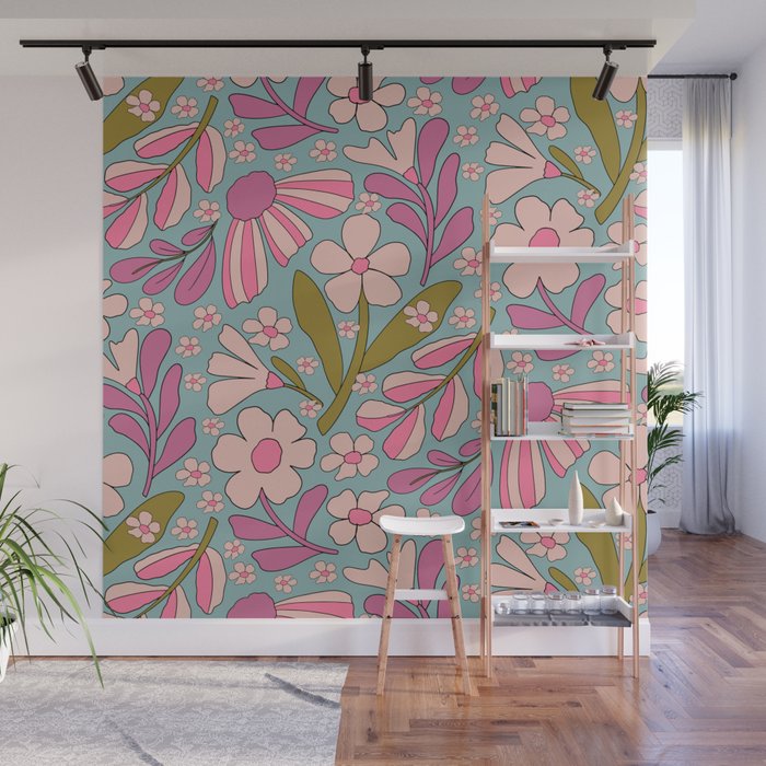 Retro Groovy - 70's Blue Floral Pattern Wall Mural Gallery Image 1