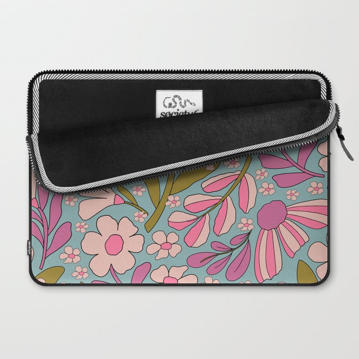 Retro Groovy - 70's Blue Floral Pattern Laptop Sleeve Gallery Image 2