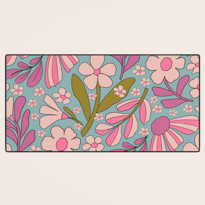 Retro Groovy - 70's Blue Floral Pattern Desk Mat Gallery Image 3