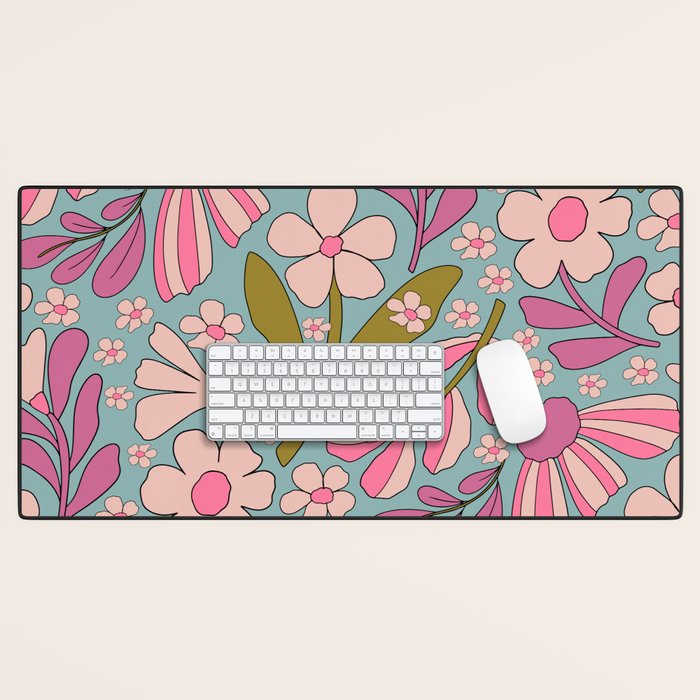 Retro Groovy - 70's Blue Floral Pattern Desk Mat Gallery Image 1
