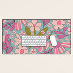 Retro Groovy - 70's Blue Floral Pattern Desk Mat Gallery Image 1