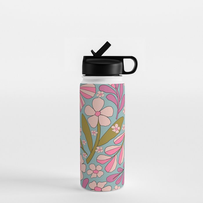 Retro Groovy - 70's Blue Floral Pattern Water Bottle Gallery Image 1