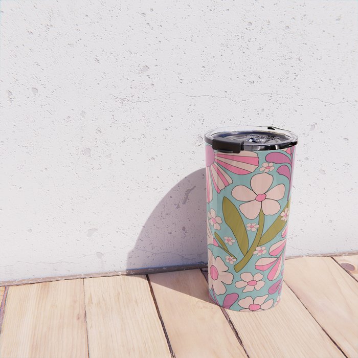 Retro Groovy - 70's Blue Floral Pattern Travel Mug Gallery Image 4