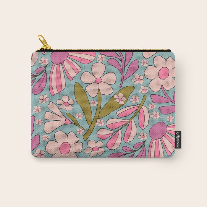 Retro Groovy - 70's Blue Floral Pattern Carry All Pouch Gallery Image 1