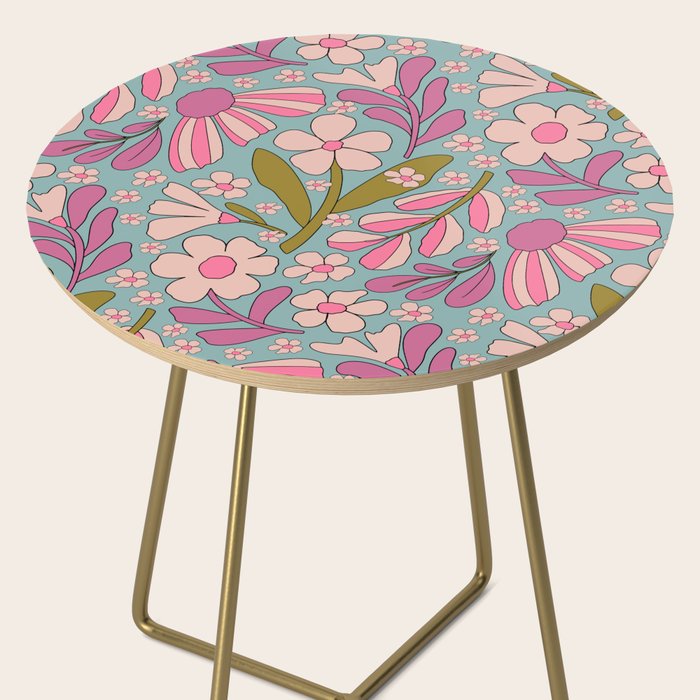 Retro Groovy - 70's Blue Floral Pattern Side Table Gallery Image 2