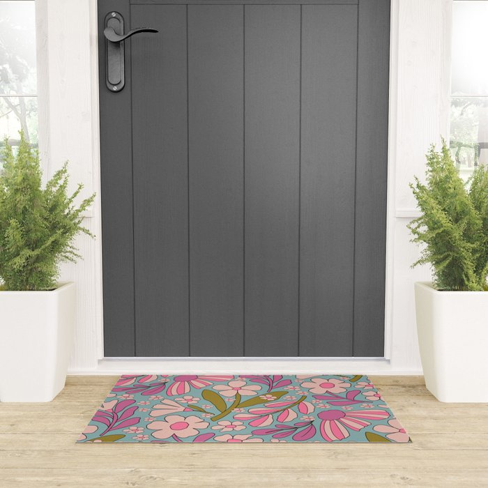 Retro Groovy - 70's Blue Floral Pattern Welcome Mat Gallery Image 3