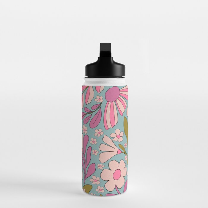 Retro Groovy - 70's Blue Floral Pattern Water Bottle Gallery Image 3