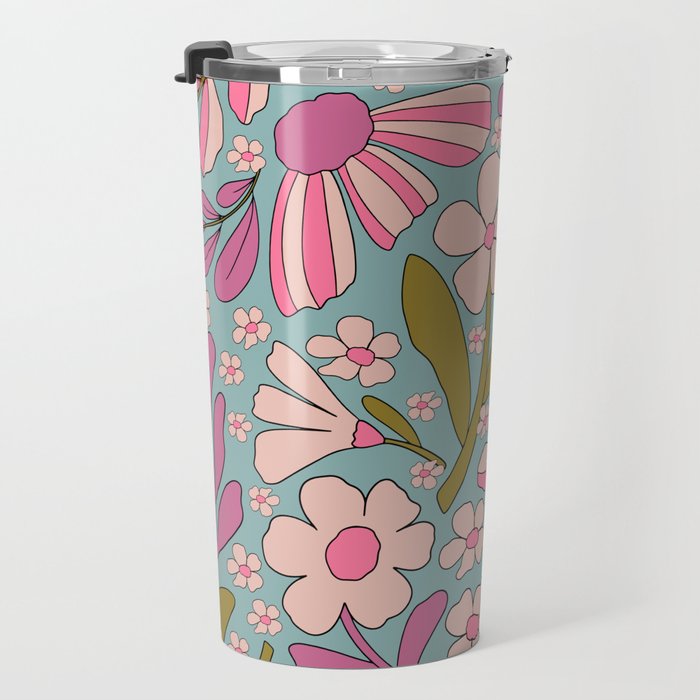 Retro Groovy - 70's Blue Floral Pattern Travel Mug Gallery Image 3