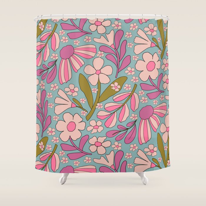 Retro Groovy - 70's Blue Floral Pattern Shower Curtain Gallery Image 1