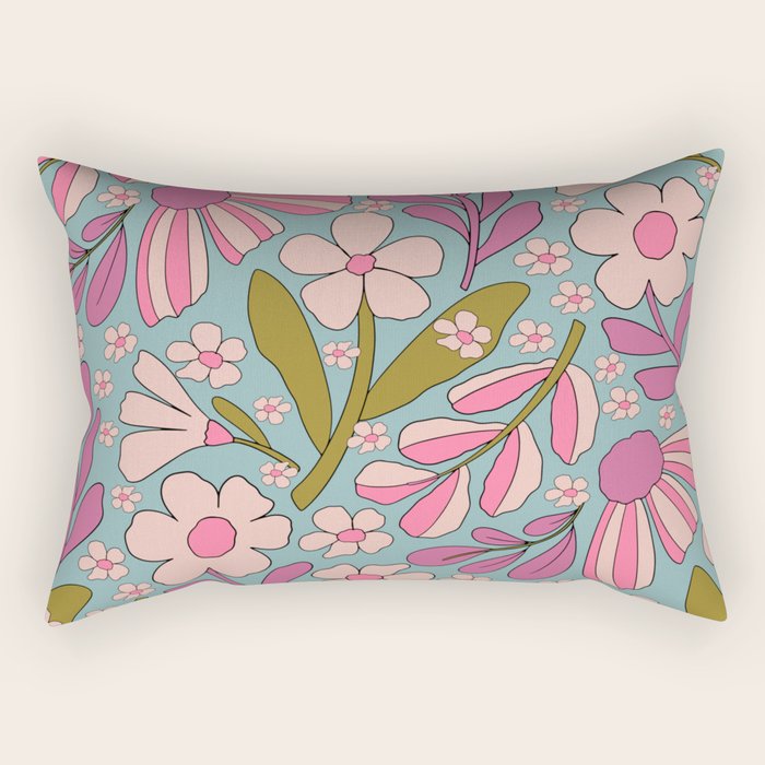 Retro Groovy - 70's Blue Floral Pattern Rectangular Pillow Gallery Image 2